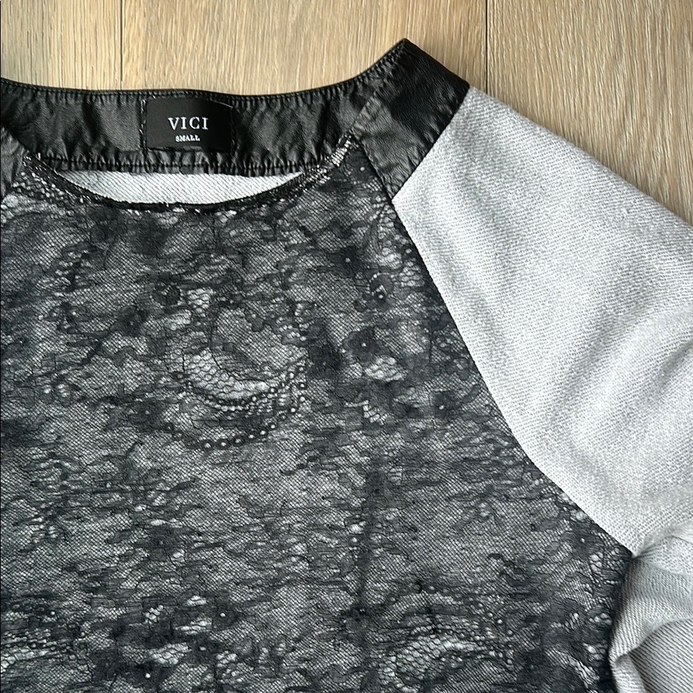 Vici Black and Gray Lace Top with Leather Accents - Picture 3 of 5